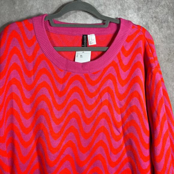 H&M‎ Divided Sweater Womens Size 4XL Red Pink Wave Print Knit Long Sleeve NEW - Picture 2 of 8